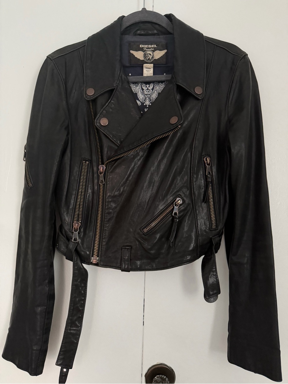 Diesel Black Asymmetrical Leather Moto Jacket Size Small